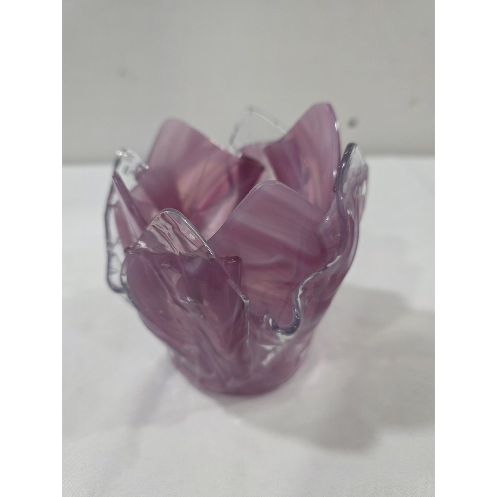Murano-style Purple Pink Swirl Glass Candle Holder Flower Pot handkerchief Bowl